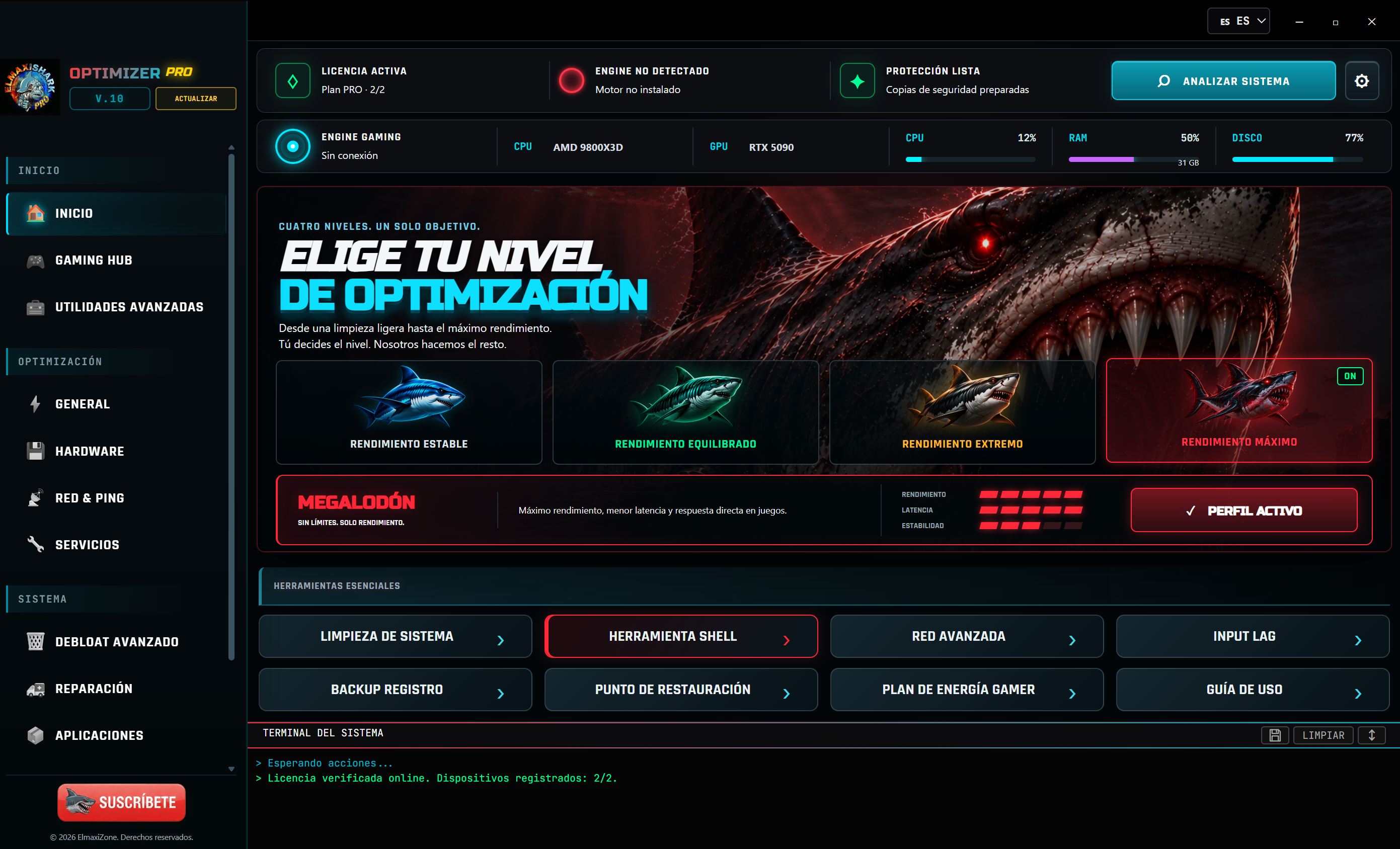 Panel principal de Optimizer PRO V10