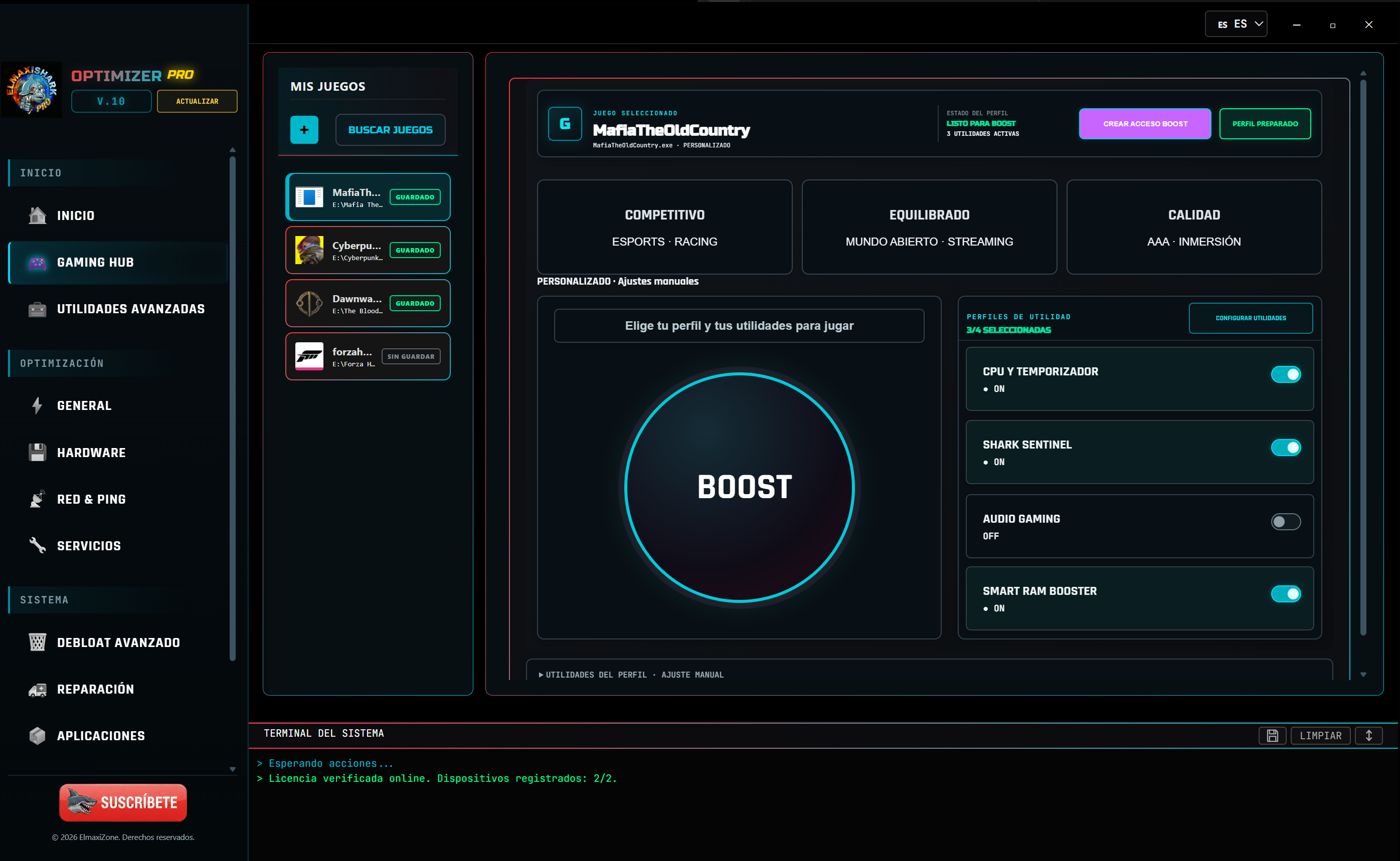 Gaming Hub de Optimizer PRO V10
