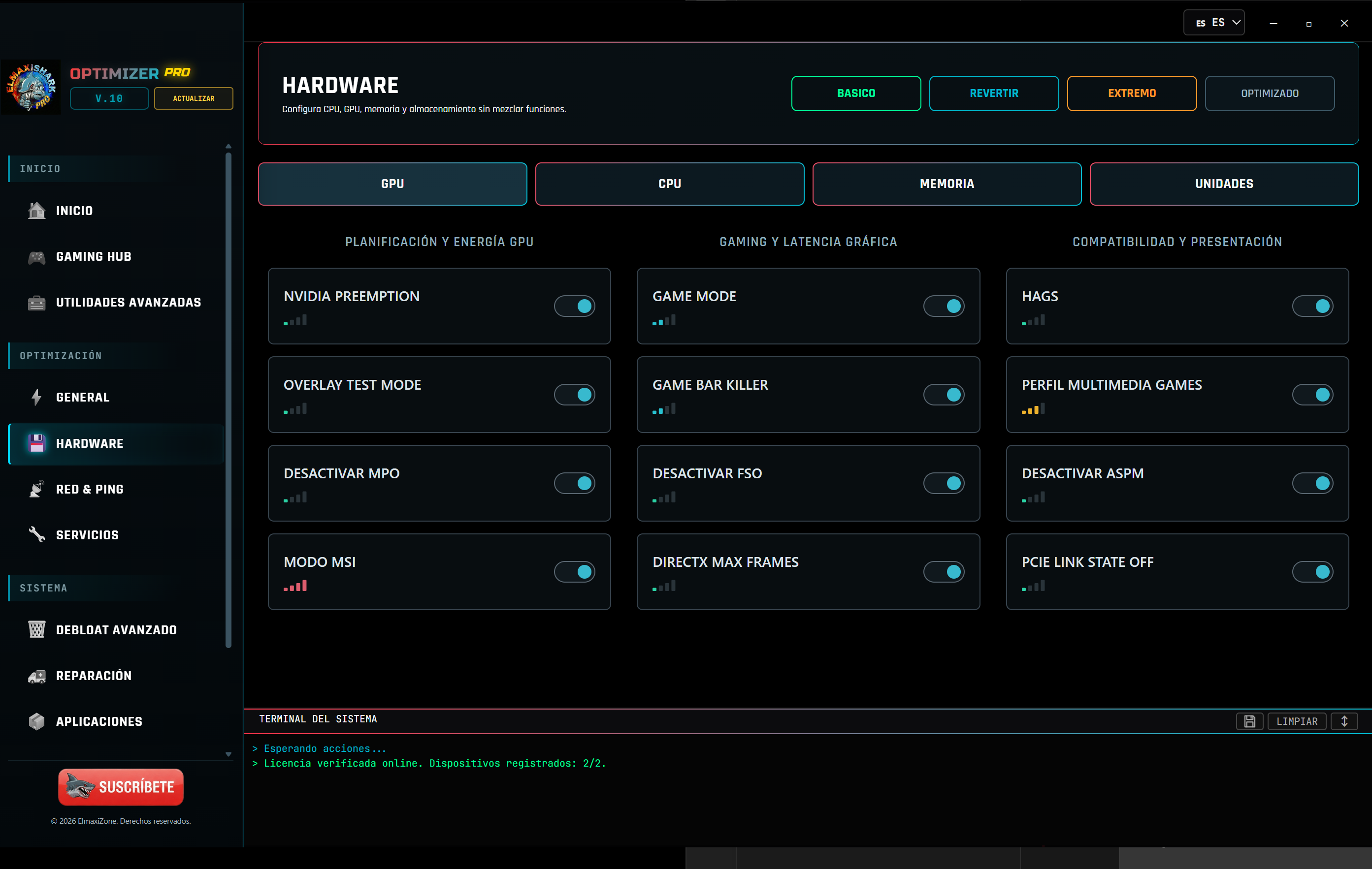 Hardware de Optimizer PRO V10