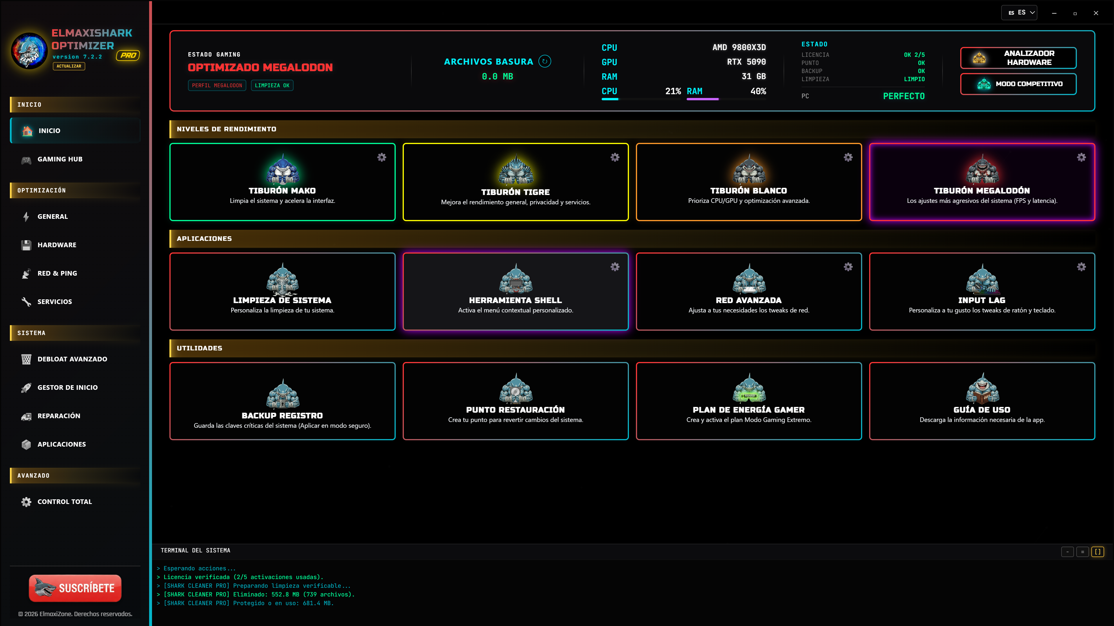 Panel principal de Optimizer PRO V7