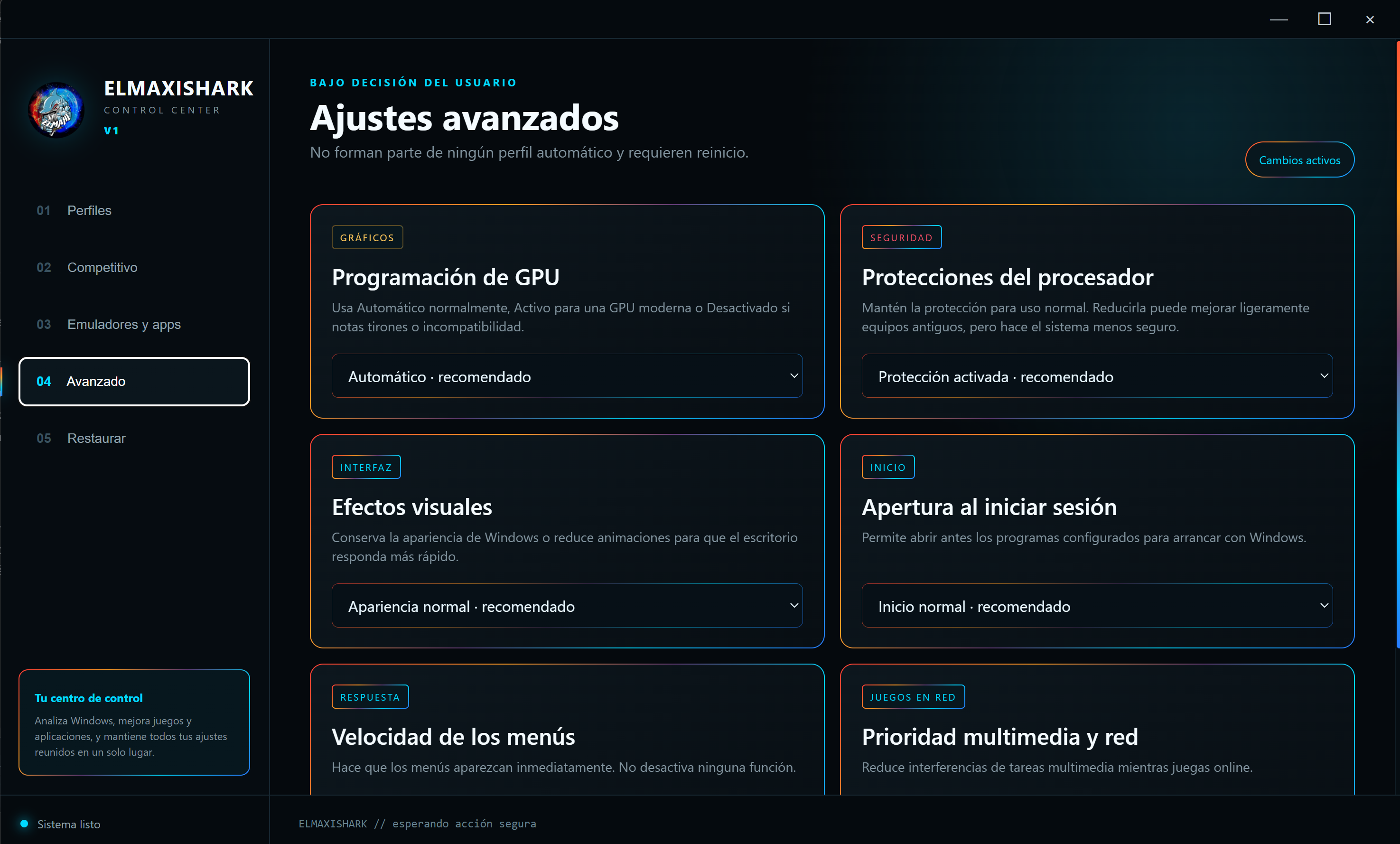 Ajustes avanzados de ElmaxiShark Control Center