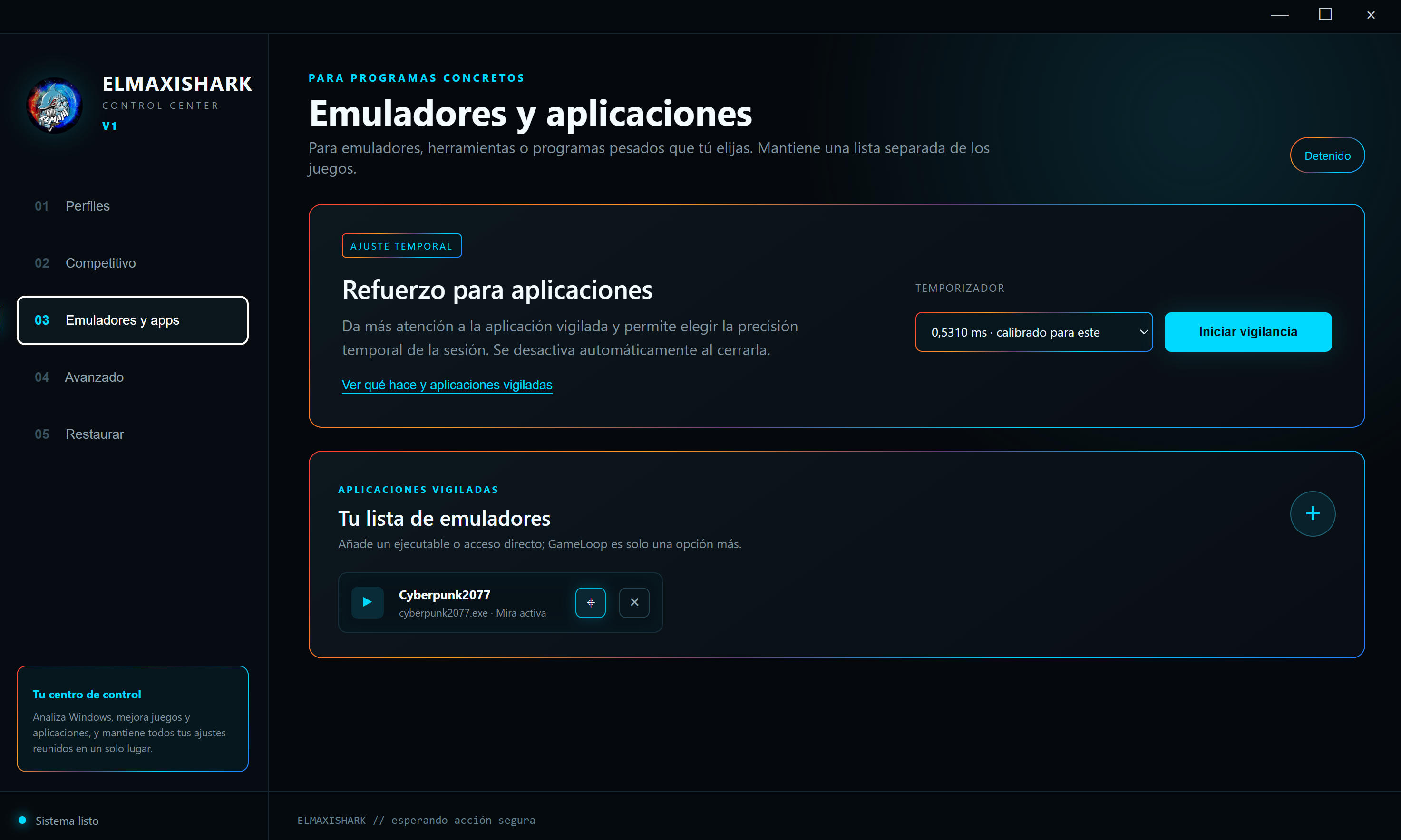 Emuladores y aplicaciones de ElmaxiShark Control Center