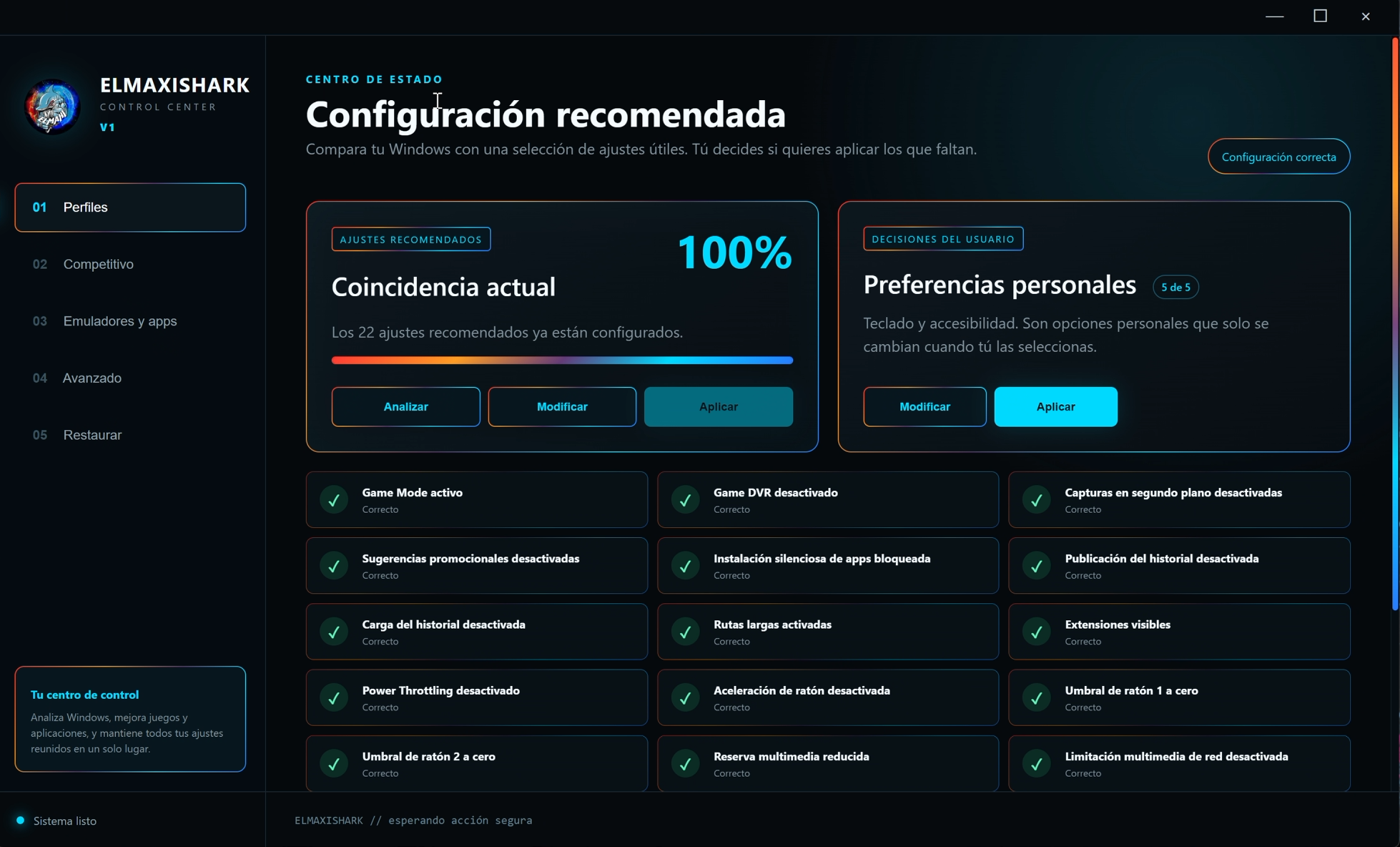 ElmaxiShark Control Center analizando la configuración de Windows