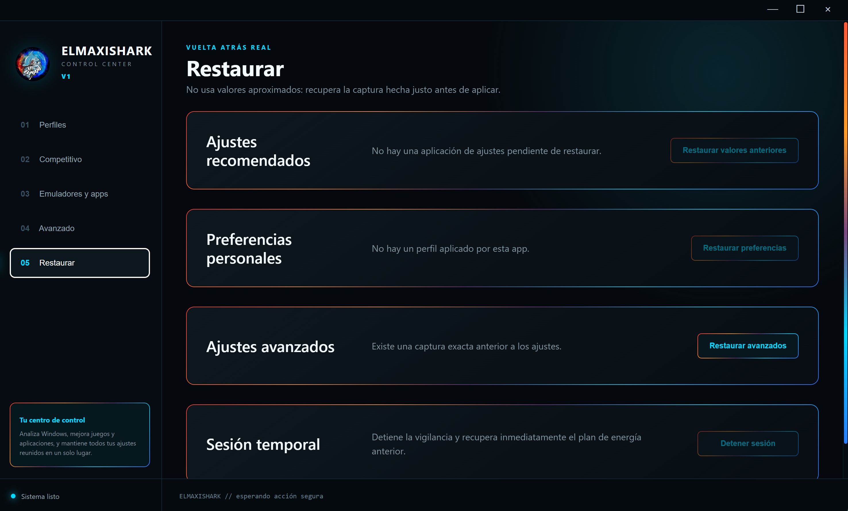 Restauración de ElmaxiShark Control Center