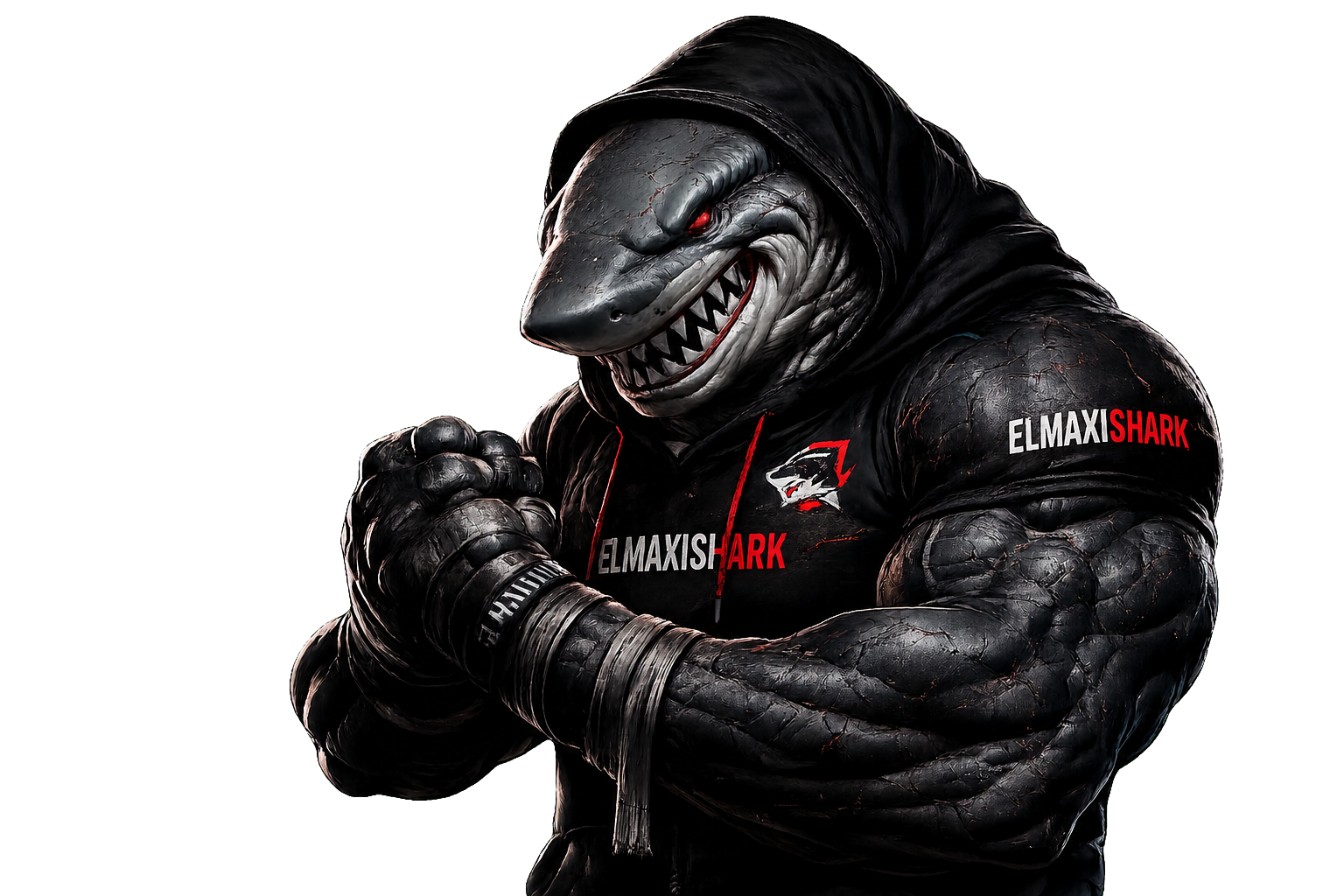 Tiburón musculoso con capucha, mascota de ElmaxiShark