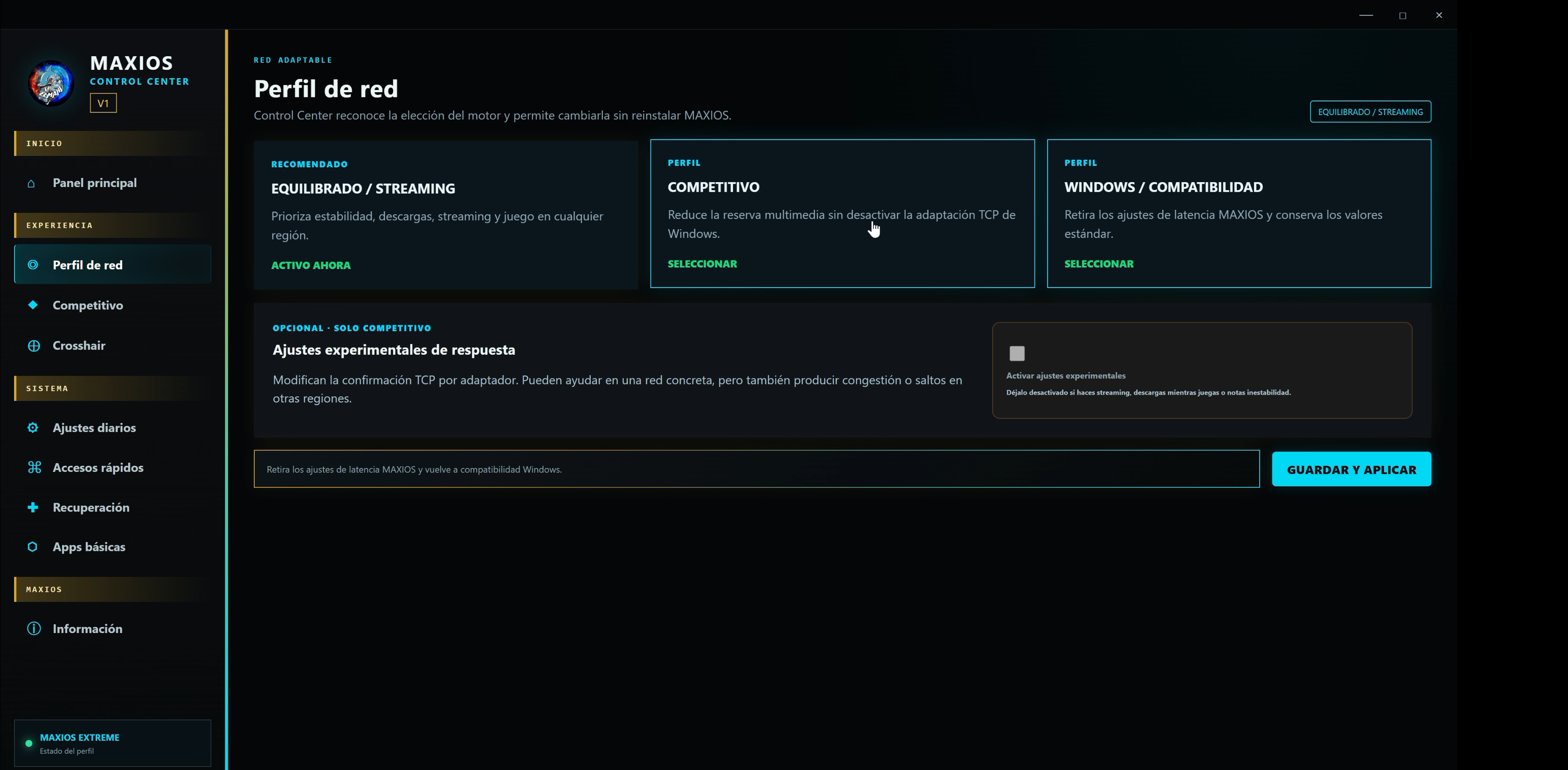 Perfiles de red del Control Center de MAXIOS Engine