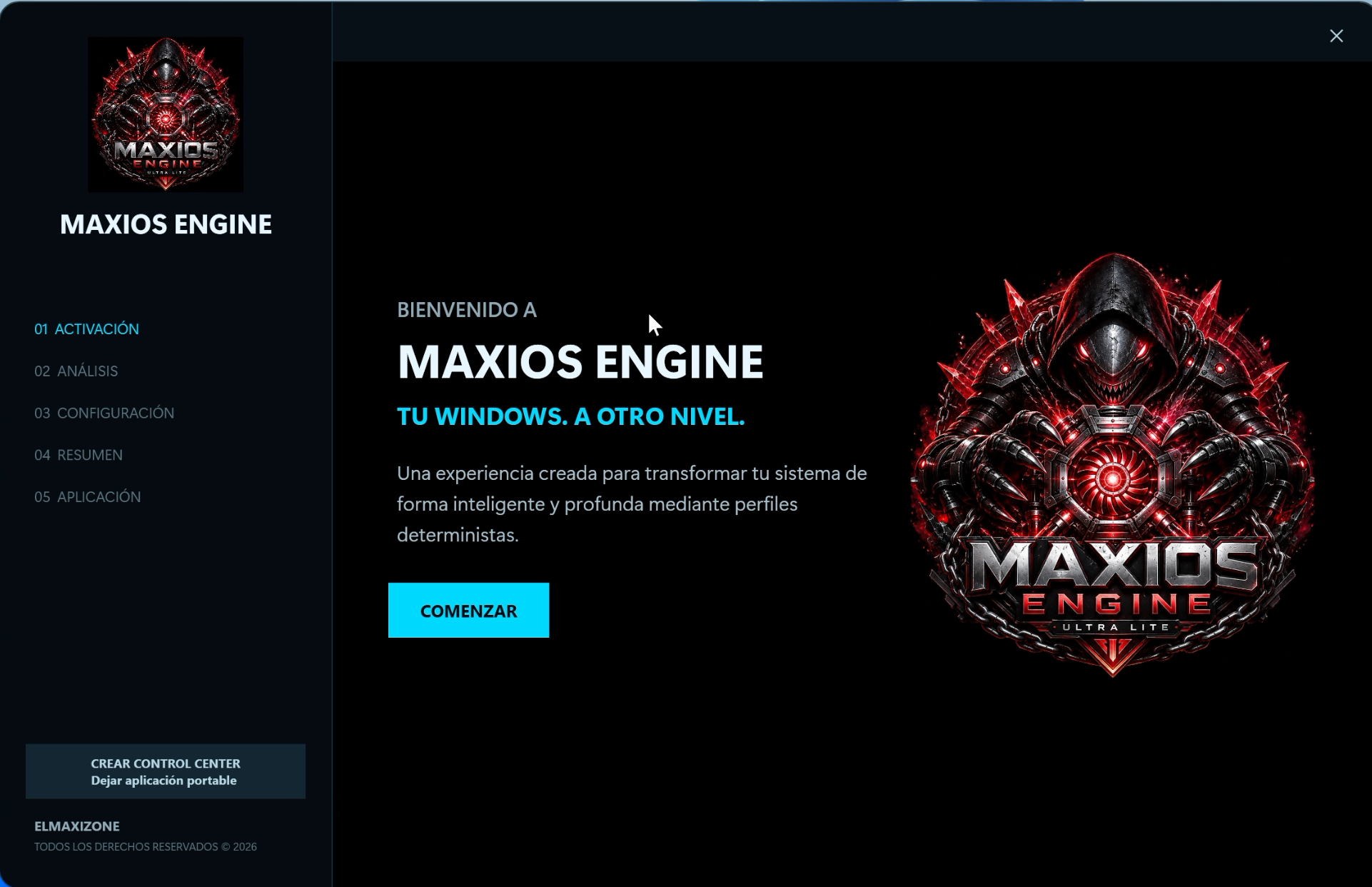 Pantalla de bienvenida de MAXIOS Engine